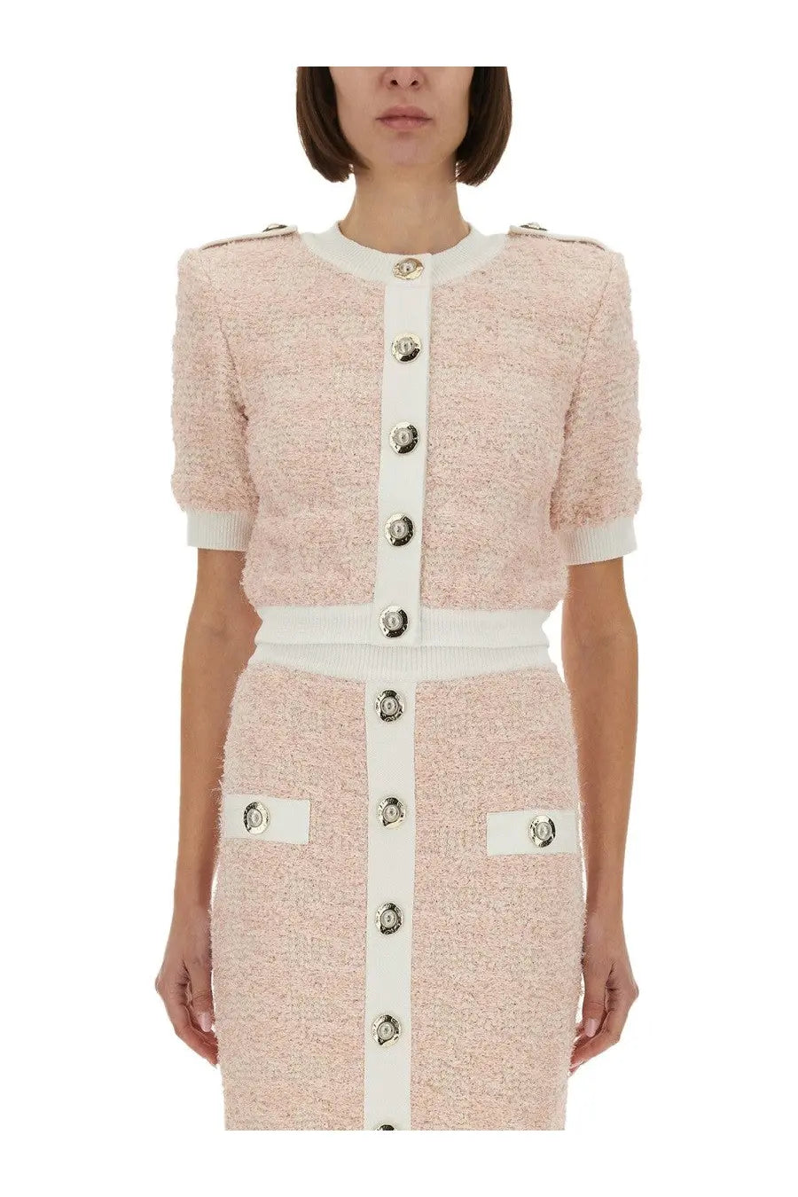 Balmain women’s tweed cardigan blue with blush pink tweed two-piece suit featuring white ribbed trim and silver buttons