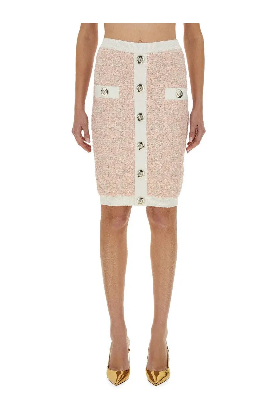 Balmain women’s pink tweed pencil skirt with white trim and silver buttons down the front