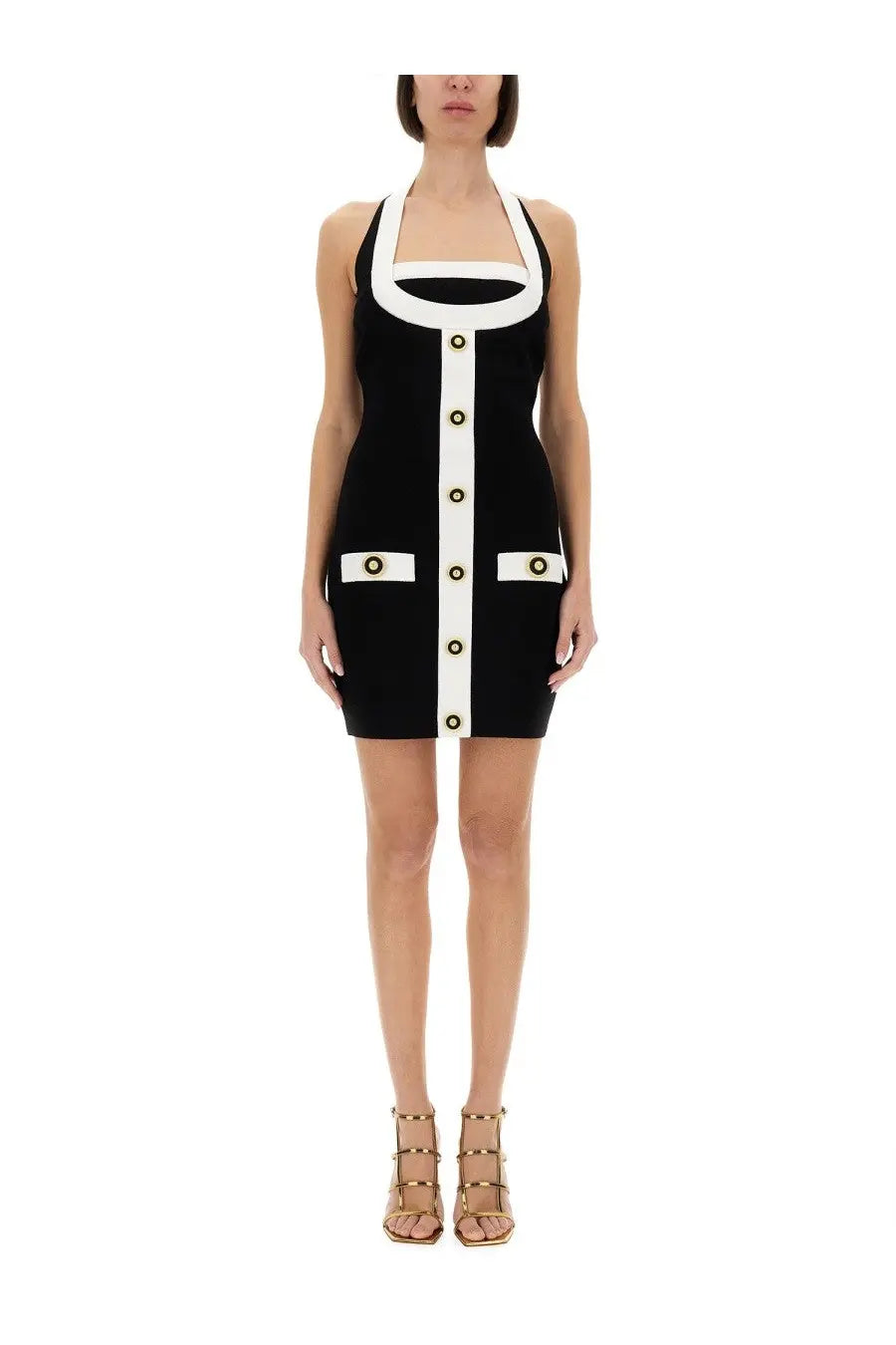 Balmain women’s two tone black halter neck mini dress with gold tone buttons down front and on patch pockets