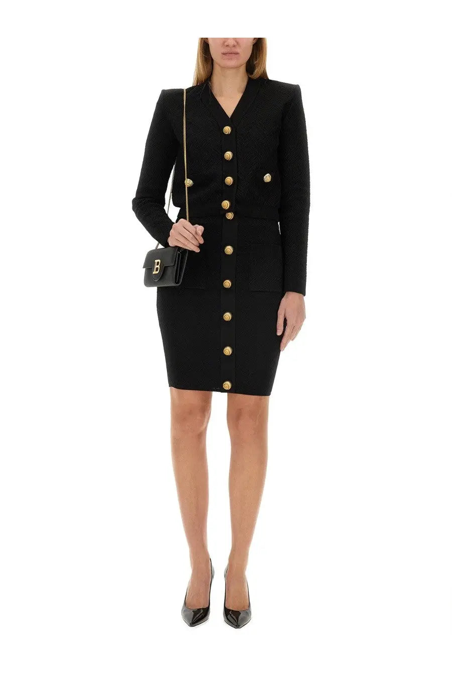 Black balmain double-breasted dress with gold-tone buttons and structured shoulders featured with vichy knit skirt