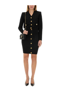 Black balmain double-breasted dress with gold-tone buttons and structured shoulders featured with vichy knit skirt
