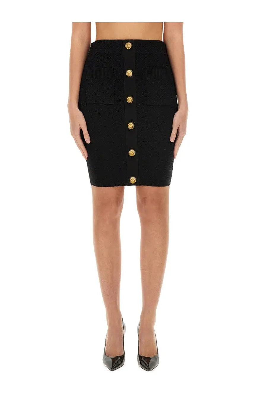 Balmain women’s black high-waisted Vichy knit pencil skirt with gold-tone buttons down the front