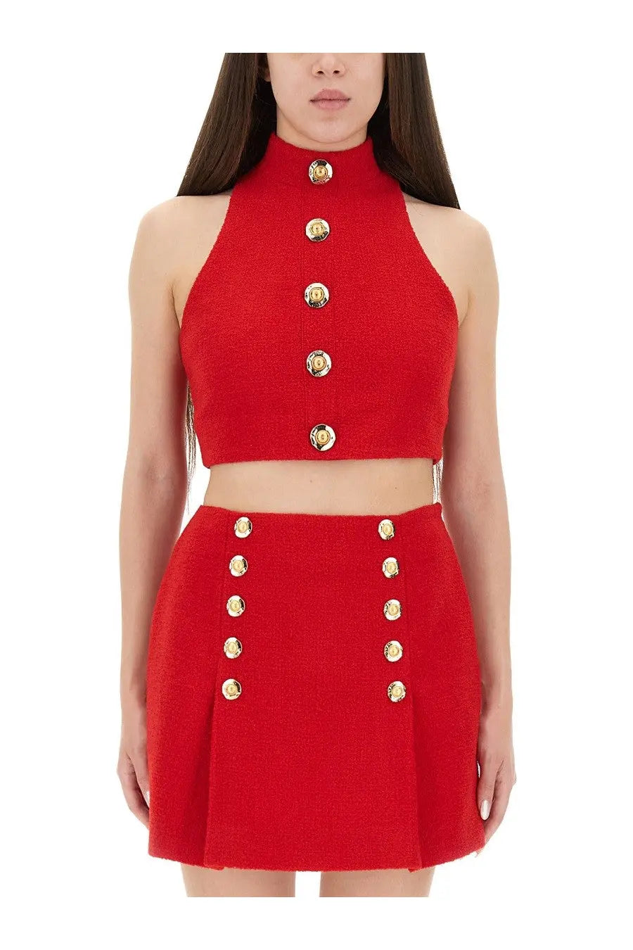 Balmain women’s red wool crop top and matching skirt set with gold-tone buttons in red tweed halter design