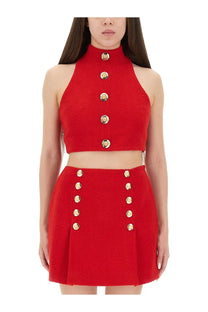 Balmain women’s red wool crop top and matching skirt set with gold-tone buttons in red tweed halter design