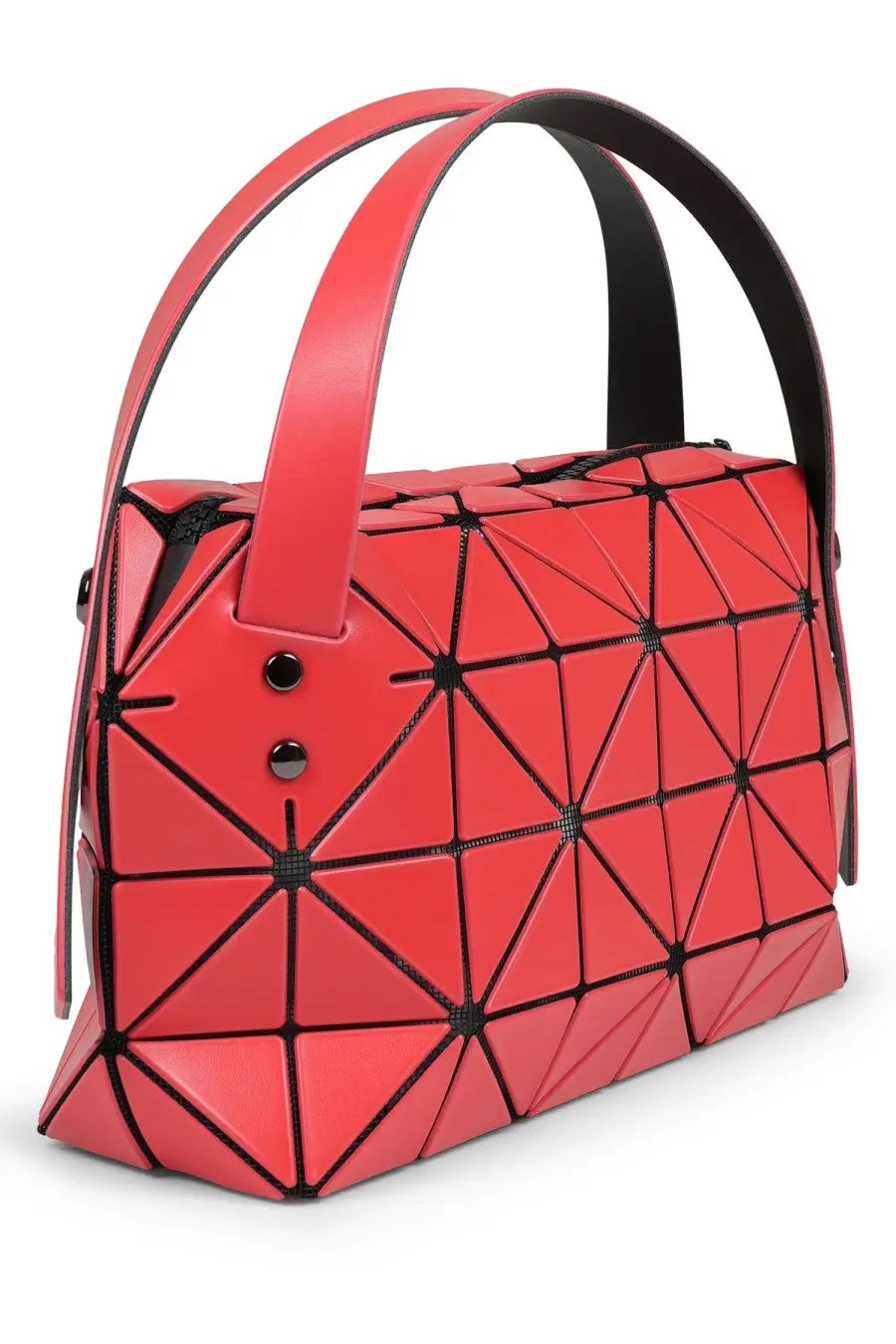 Bao bao issey miyake women’s handbag in vibrant red with geometric design black stitching and metallic hardware