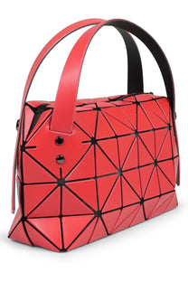 Bao bao issey miyake women’s handbag in vibrant red with geometric design black stitching and metallic hardware