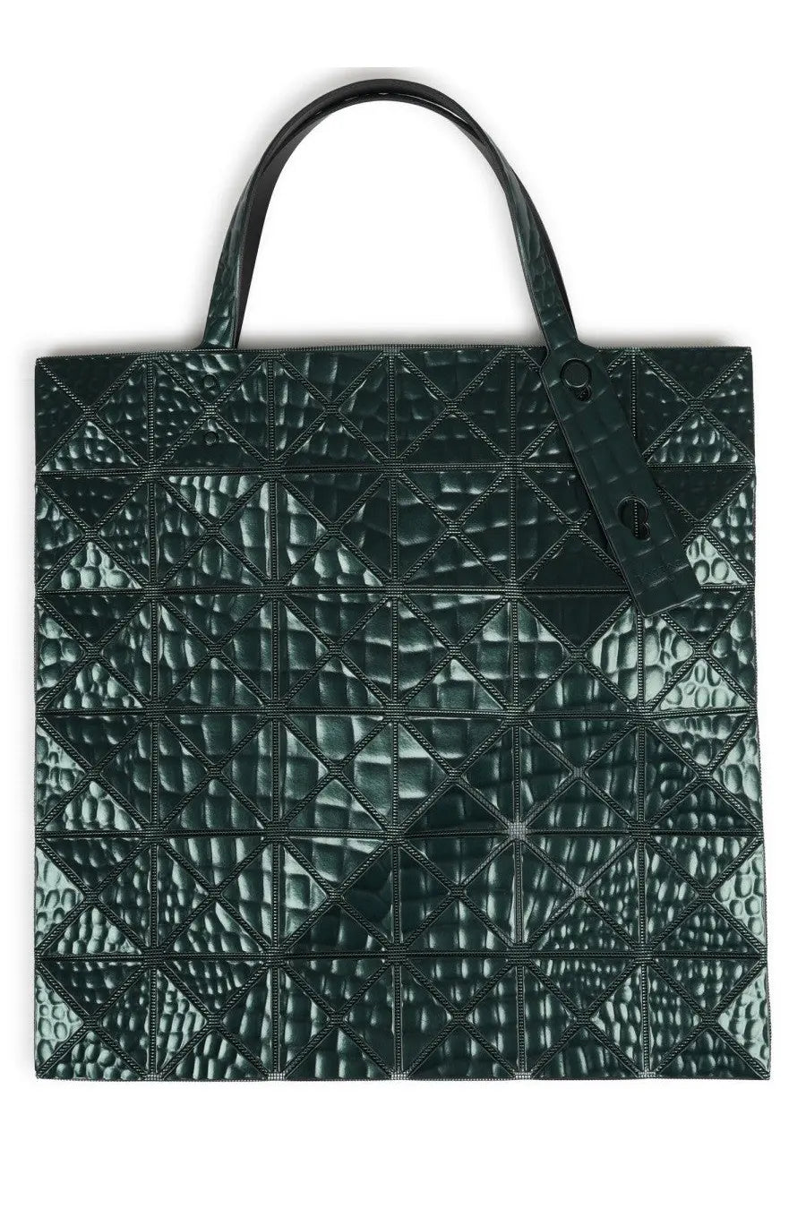 Dark green geometric-patterned glossy tote bag with black handles bao bao issey miyake women borsa tote meta kaiju green