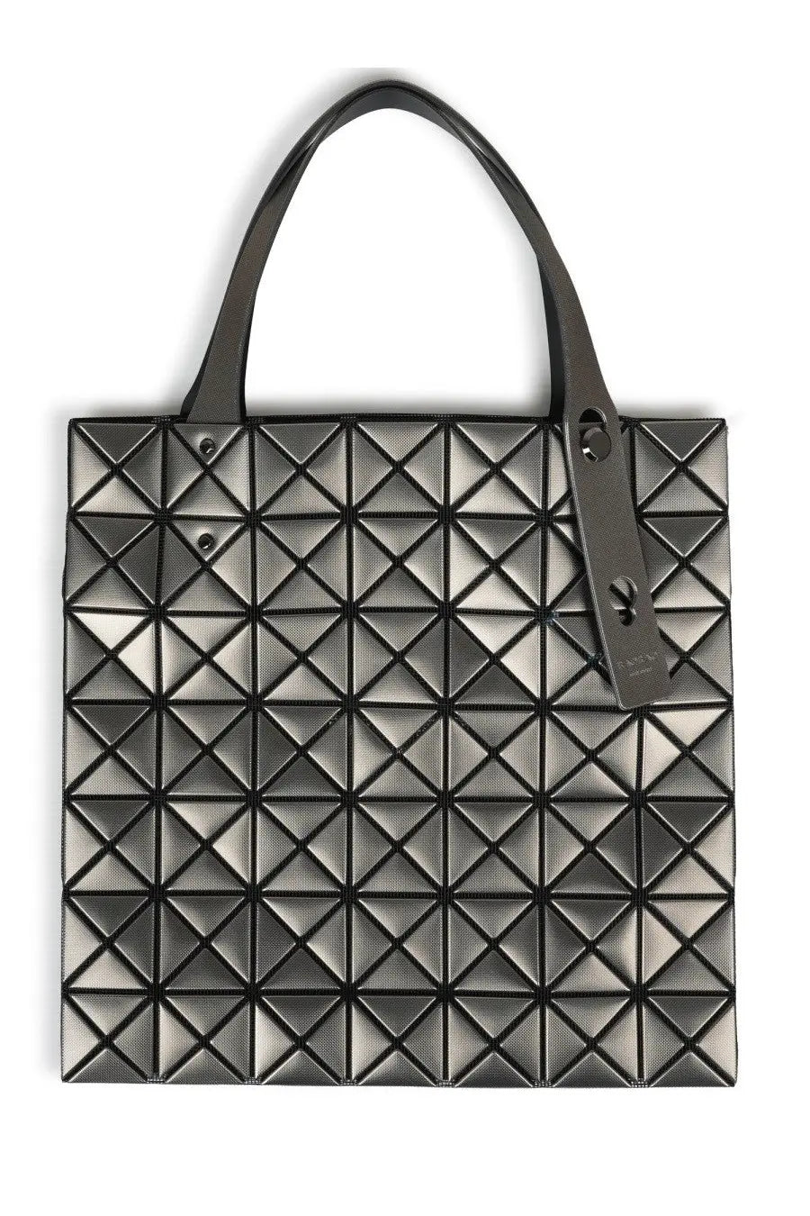 Bao Bao Issey Miyake women’s tote bag with black geometric pattern and sleek metallic finish in platinum multicolor