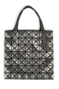 Bao Bao Issey Miyake women’s tote bag with black geometric pattern and sleek metallic finish in platinum multicolor