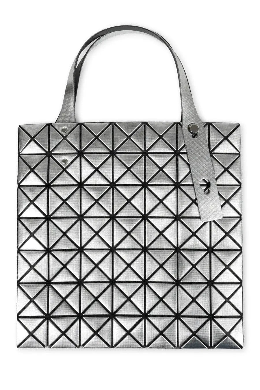 Bao Bao Issey Miyake women’s platinum tote bag silver with silver geometric triangular panel design and black stitching