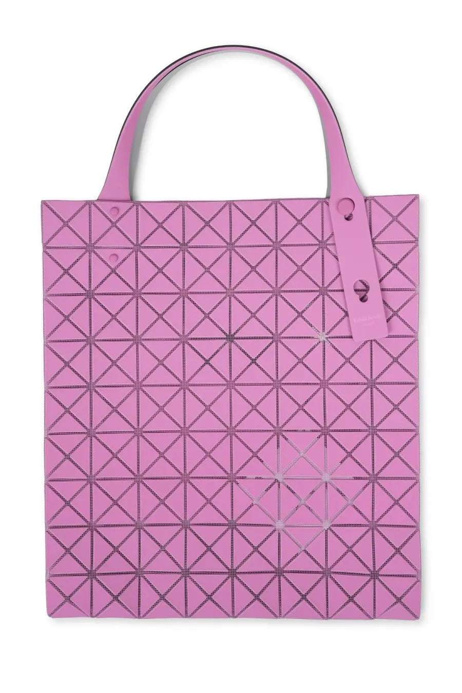 Pink geometric-patterned tote bag with structured triangular design and matching handles from bao bao issey miyake