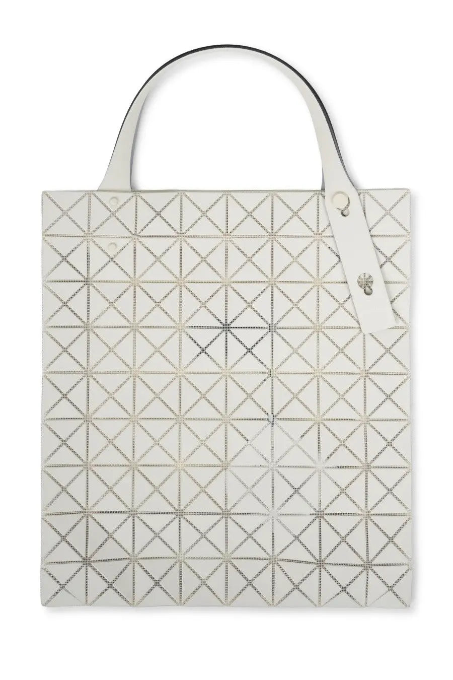 Bao Bao Issey Miyake women’s prism plus bag white tote with geometric pattern silver metallic stitching handle