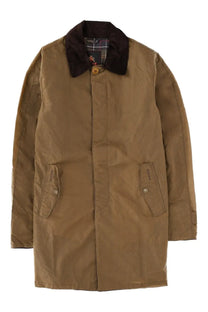 Baracuta men’s brown barbour coat tan waxed cotton trench with dark corduroy collar and plaid lining