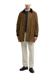 Brown baracuta men’s trench coat with dark fur-lined collar and cuffs featuring button closures