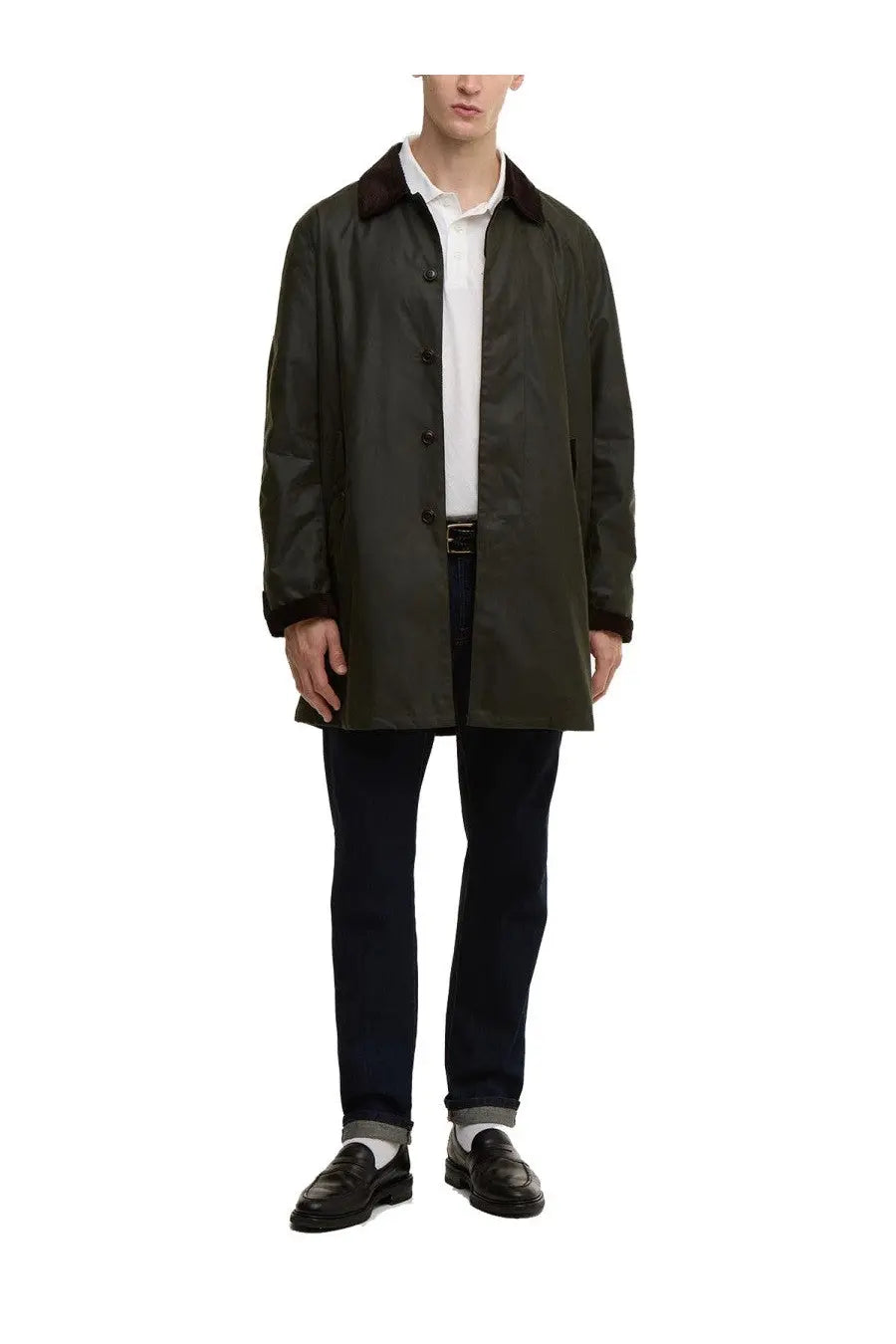 Dark olive green Baracuta men’s waxed cotton trench coat with dark brown fur-lined collar and cuffs