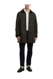 Dark olive green Baracuta men’s waxed cotton trench coat with dark brown fur-lined collar and cuffs
