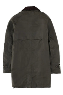 Baracuta men’s baracuta barbour coat green dark olive waxed cotton with dark brown corduroy collar front view
