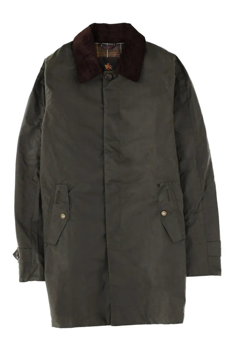 Dark olive green waxed cotton trench coat by baracuta featuring brown corduroy collar and plaid lining with brass buttons