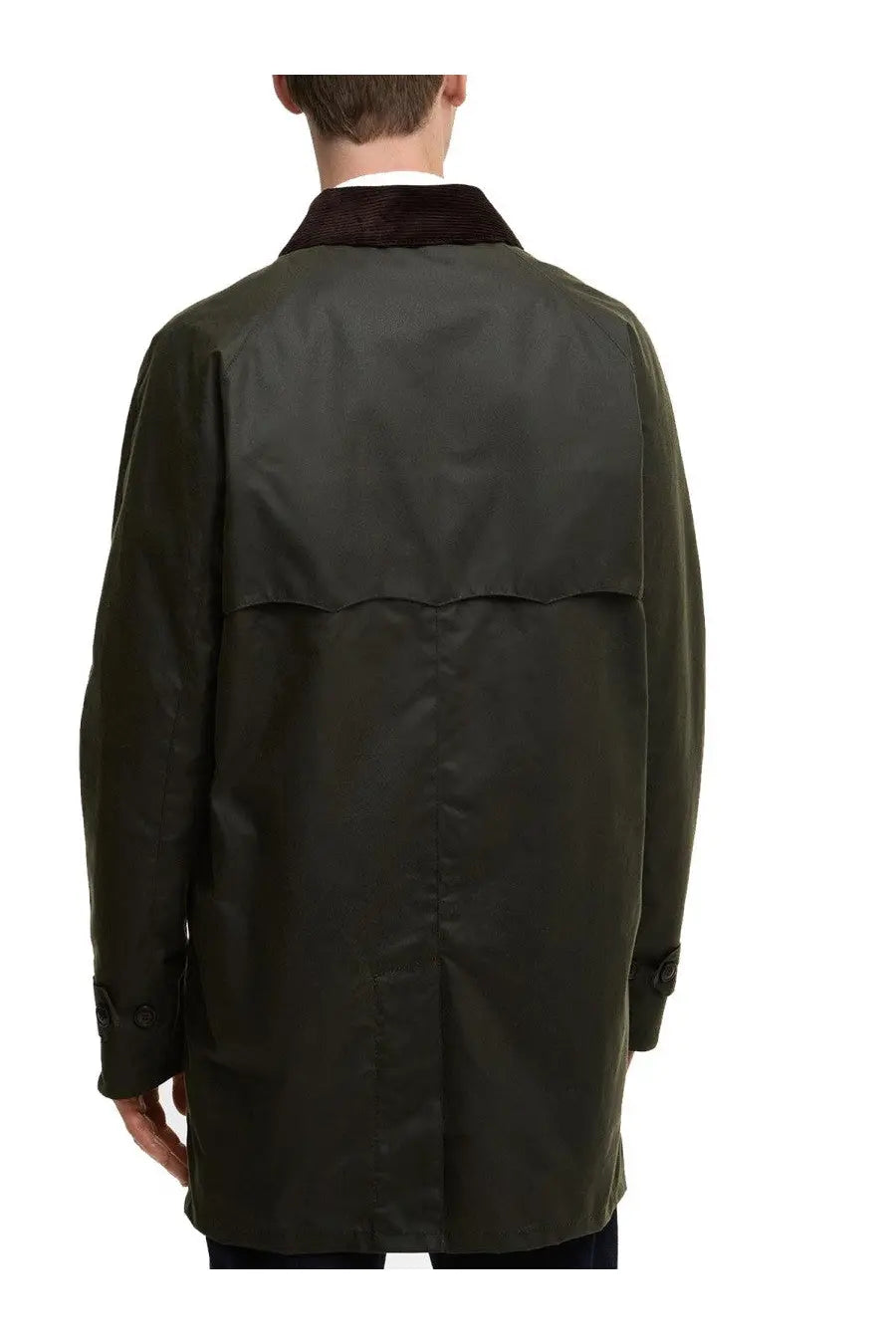 Dark olive green waxed cotton trench coat with contrasting dark brown corduroy collar by baracuta men