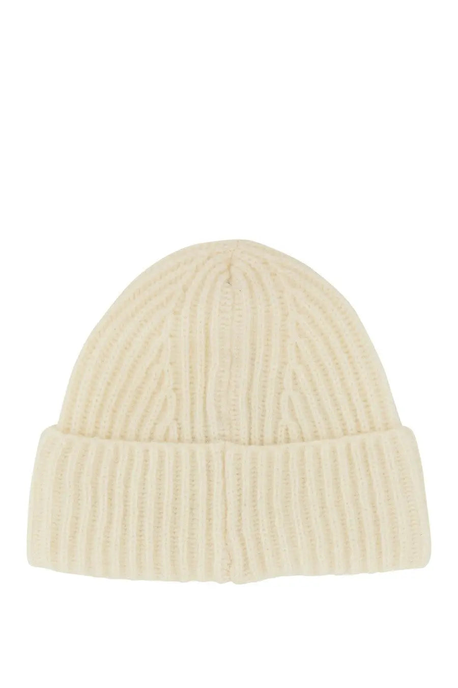 Cream-colored ribbed knit baracuta men’s beanie hat with folded cuff in white for cold weather use