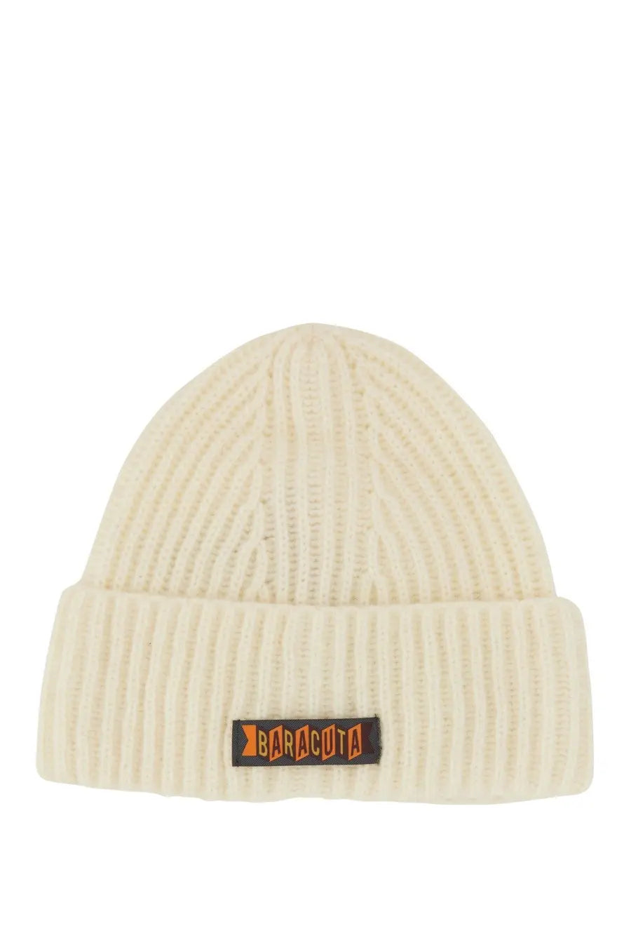 Cream-colored ribbed knit baracuta men’s beanie hat with folded cuff and orange logo patch