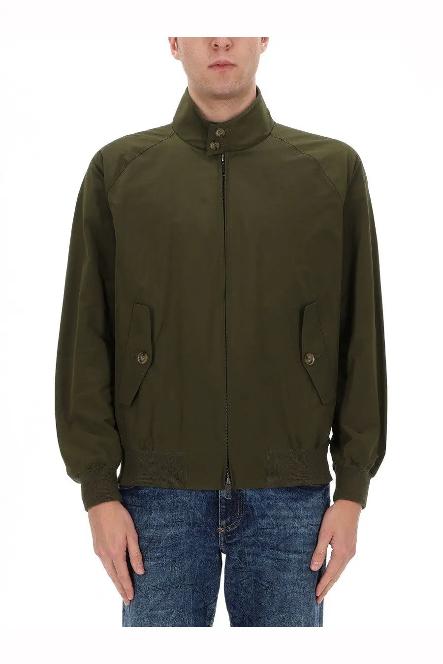 Olive green baracuta men’s harrington bomber jacket with stand-up collar zipper closure and buttoned flap pockets