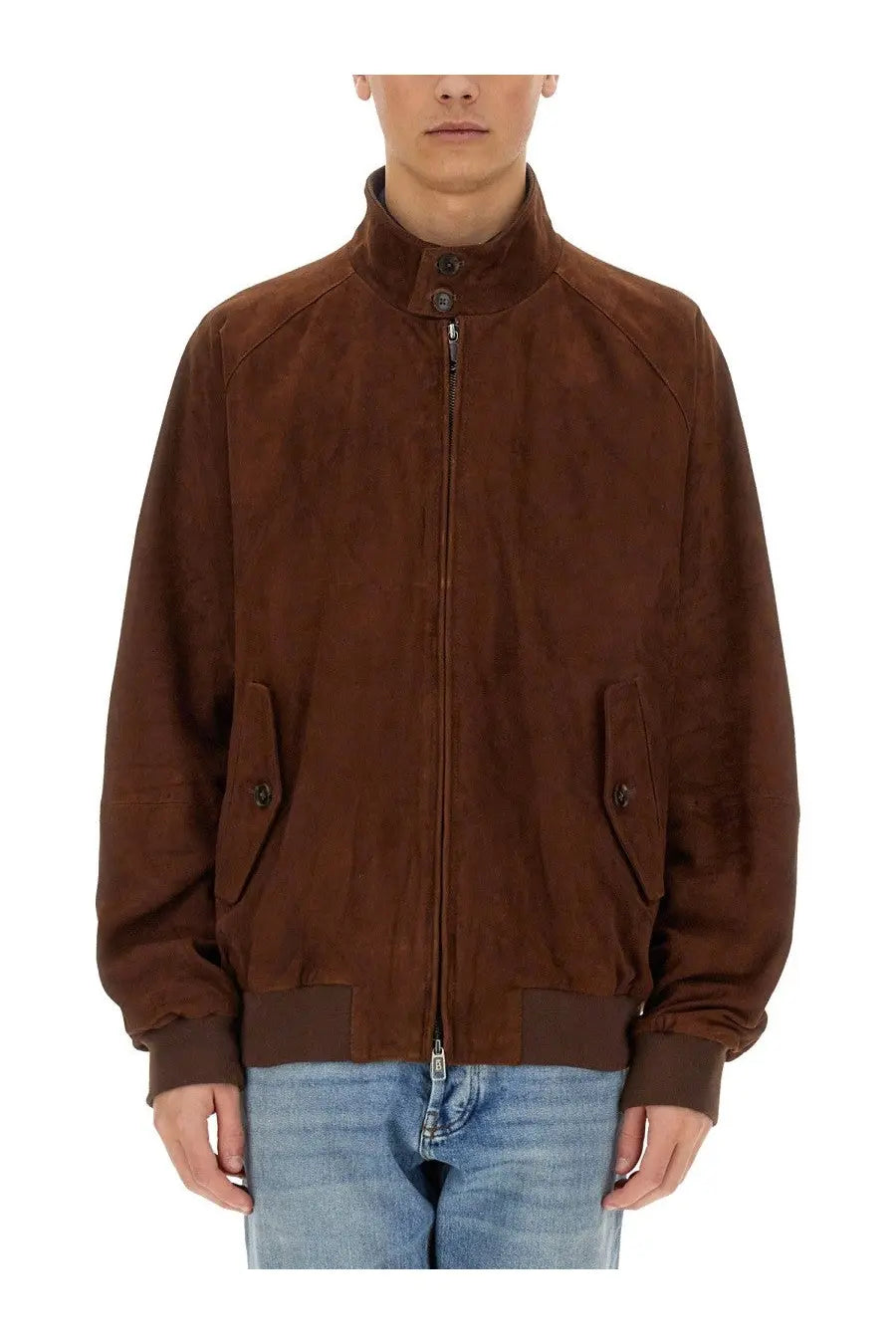 Baracuta men’s brown suede bomber jacket with high collar front zipper closure and two flap pockets