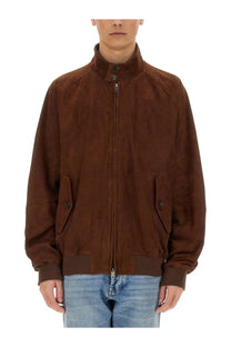 Baracuta men’s brown suede bomber jacket with high collar front zipper and two flap pockets