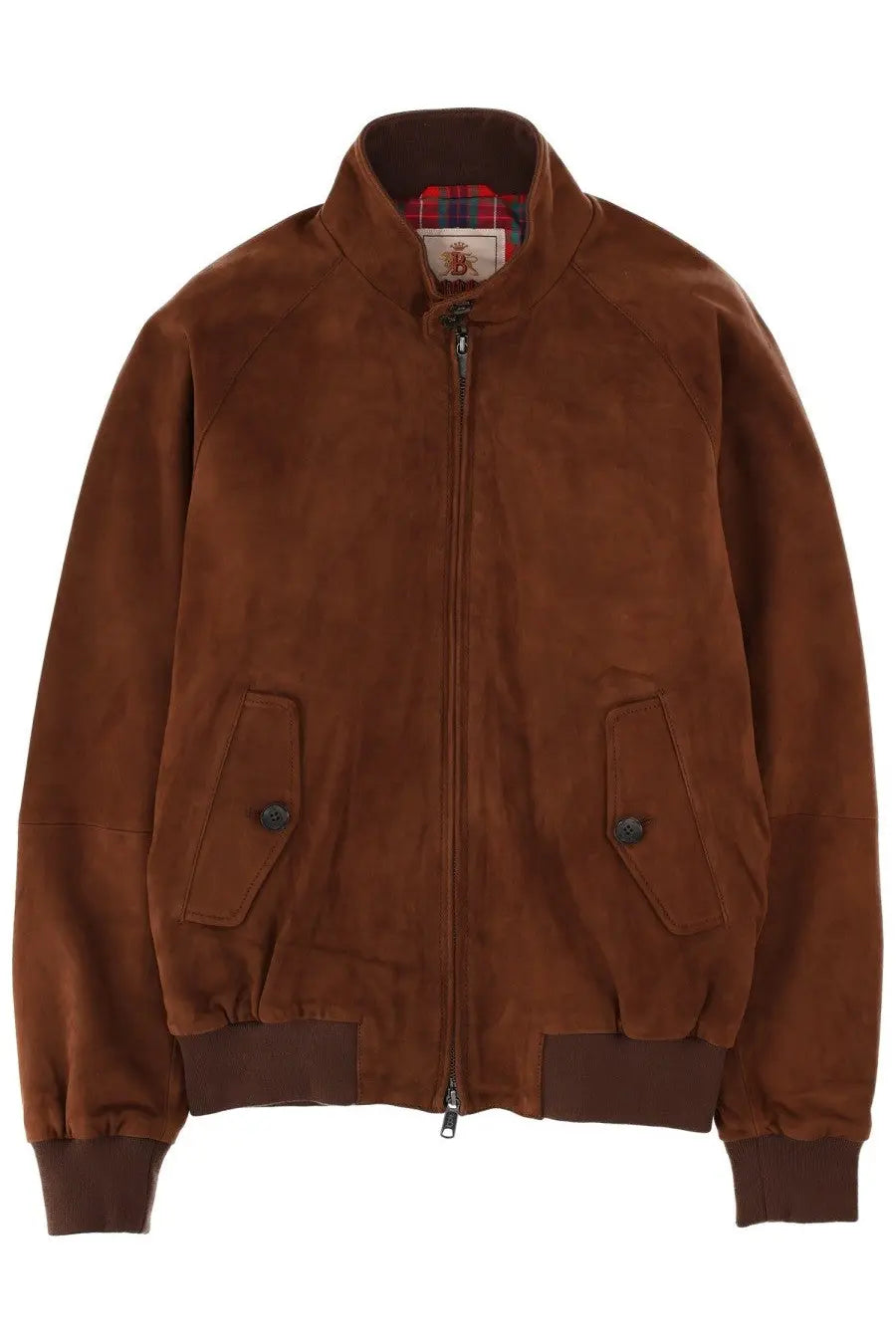 Baracuta men’s brown suede bomber jacket with plaid lining and dark brown ribbed cuffs