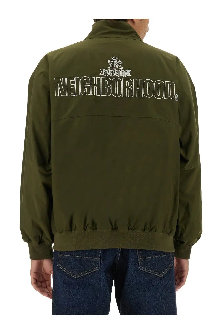 Back view of baracuta men’s olive green bomber jacket featuring white embroidered neighborhood logo and crest
