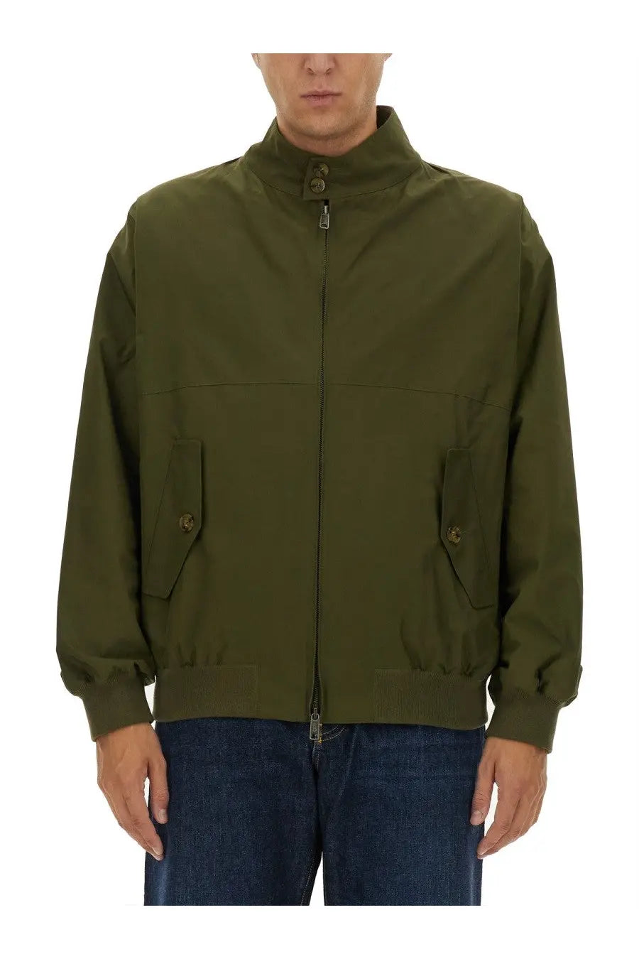 Baracuta men’s olive green nylon bomber jacket with stand-up collar front zipper and buttoned flap pockets