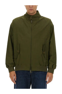 Baracuta men’s olive green nylon bomber jacket with stand-up collar front zipper and buttoned flap pockets