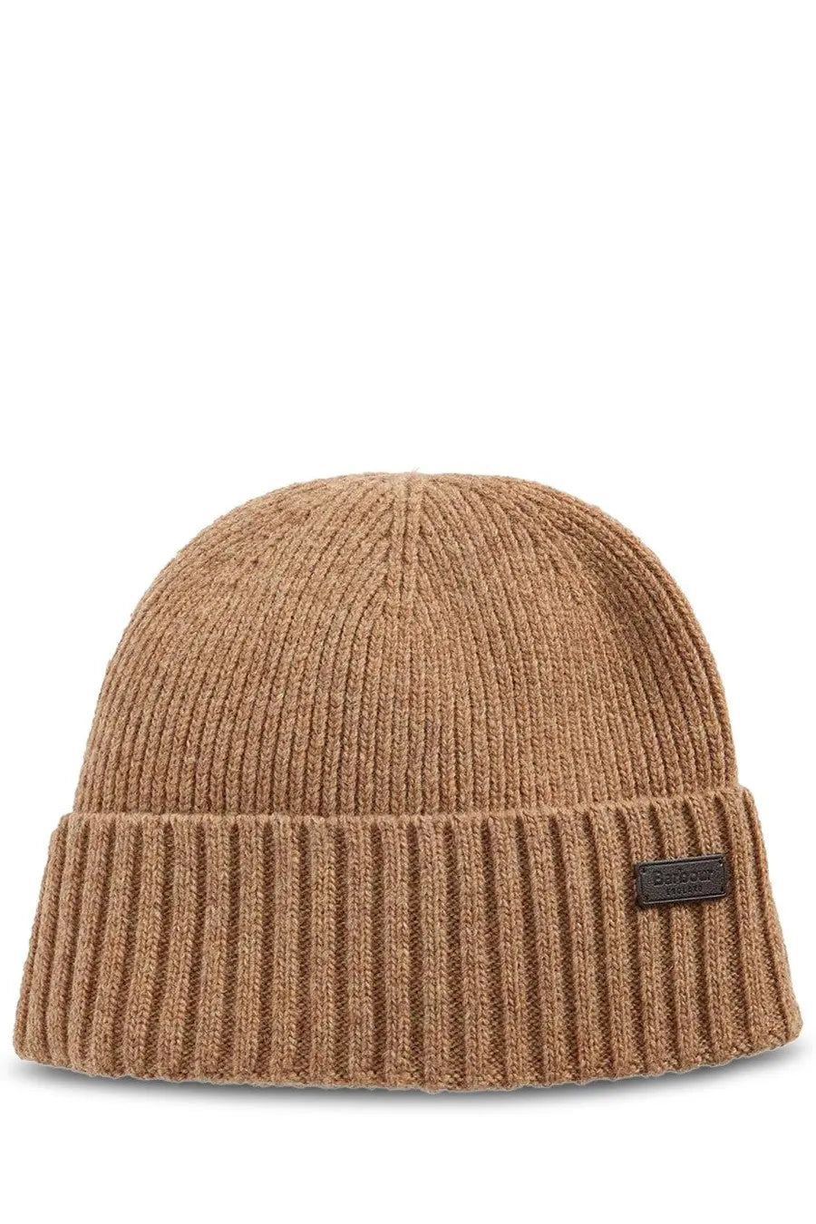 Barbour men’s cap carlton brown tan ribbed knit beanie with folded cuff and black leather patch on the side