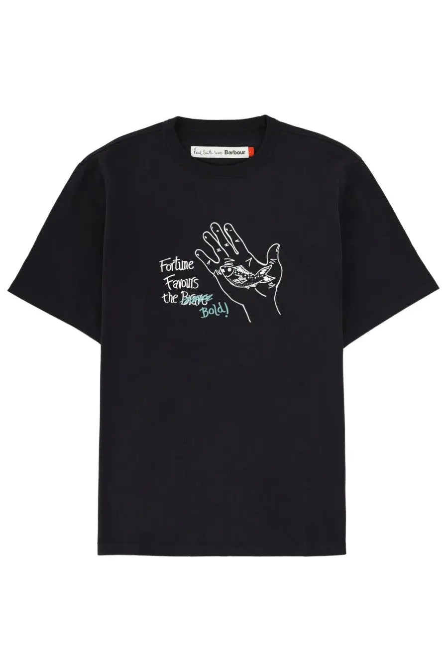 Black short-sleeved cotton t-shirt by Barbour with white hand holding fish line drawing and green text print
