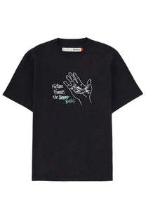 Black short-sleeved cotton t-shirt by barbour with white hand fish line drawing and green text fortune favourites the bolder bold
