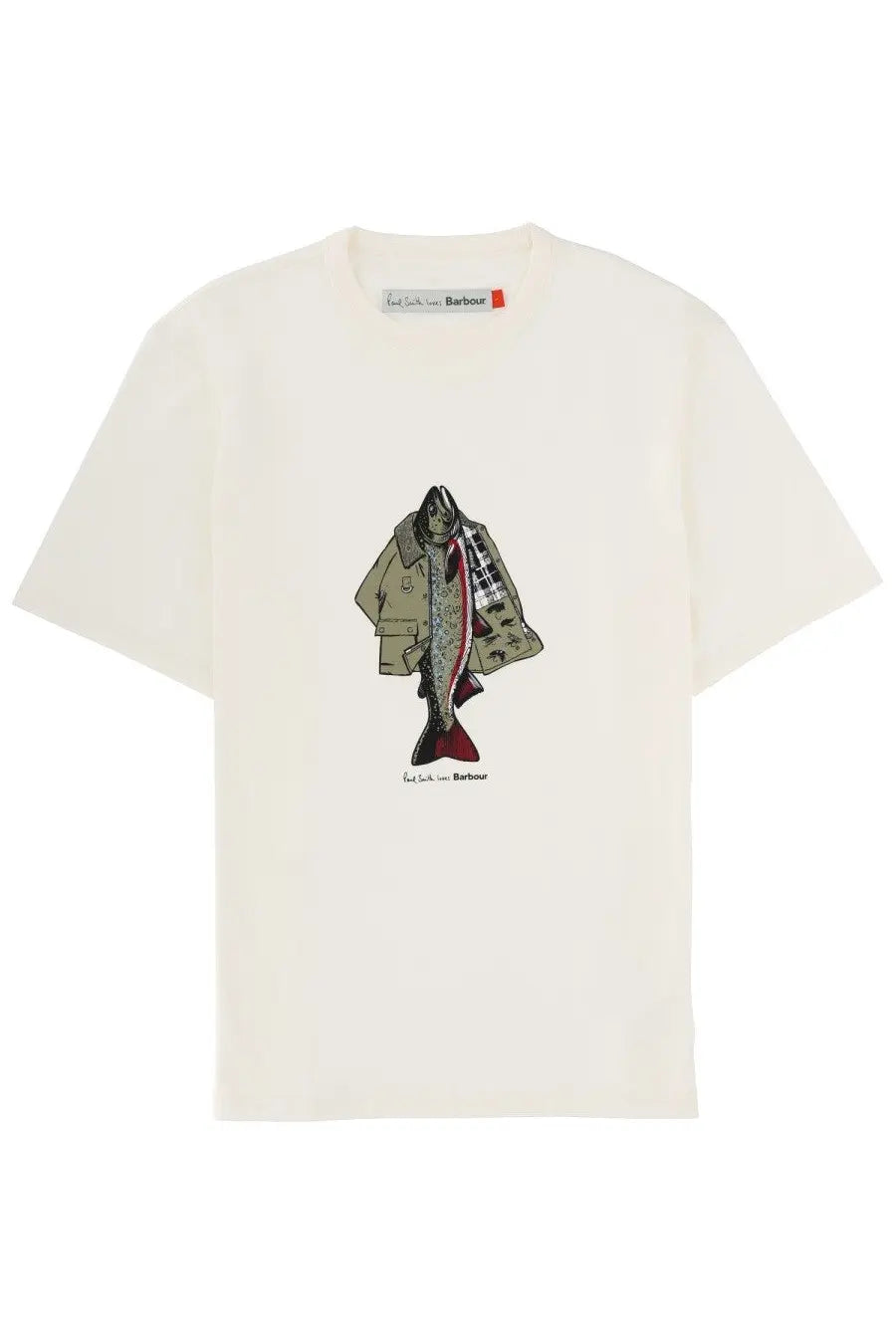 Cream-colored cotton t-shirt with fish illustration wearing beige trench coat and red plaid scarf paul smith for barbour branding