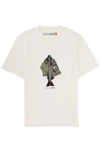 Cream-colored cotton barbour men’s t-shirt with a fish illustration wearing trench coat and red plaid scarf by Paul Smith