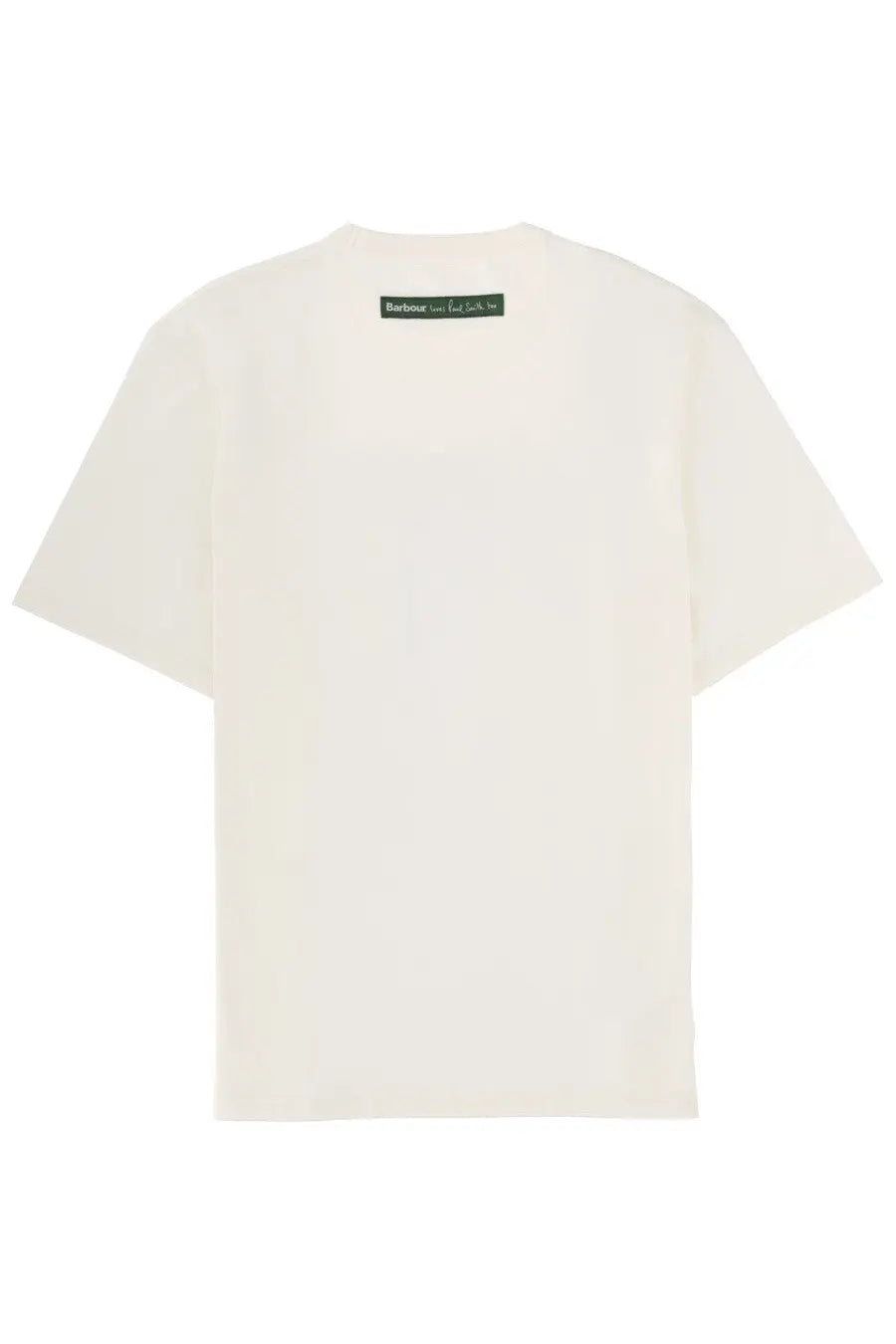 Off-white short-sleeved cotton t-shirt with green barbour x paul smith label at neckline for men