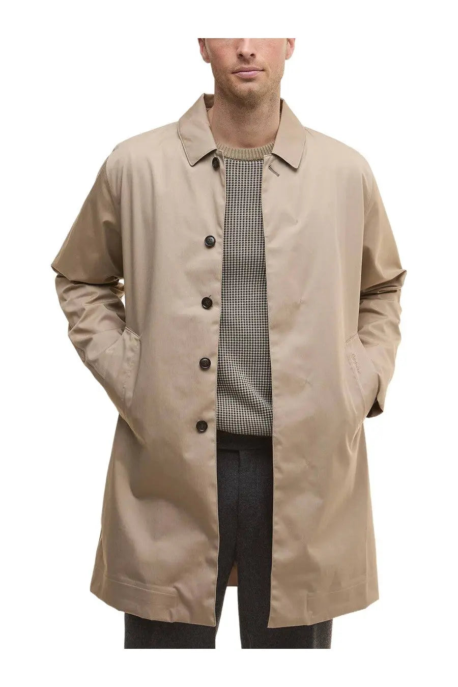 Barbour men’s jacket lorden beige trench coat with dark brown buttons and classic collar in beige fabric