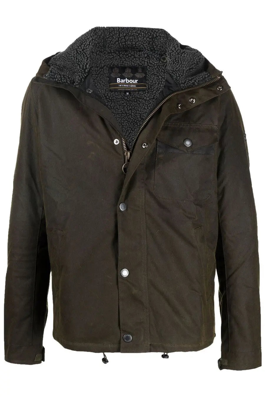 Barbour men’s Kevlar jacket dark olive waxed cotton with shearling-lined hood and silver-toned buttons
