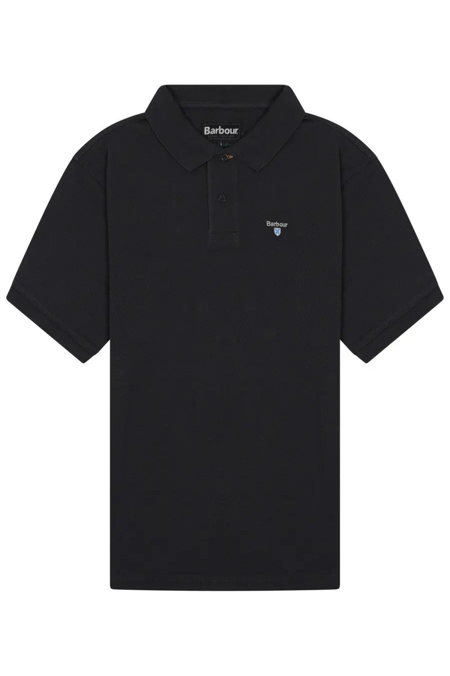 Barbour men’s black polo shirt with subtle embroidered logo on chest and brand name stitched inside collar
