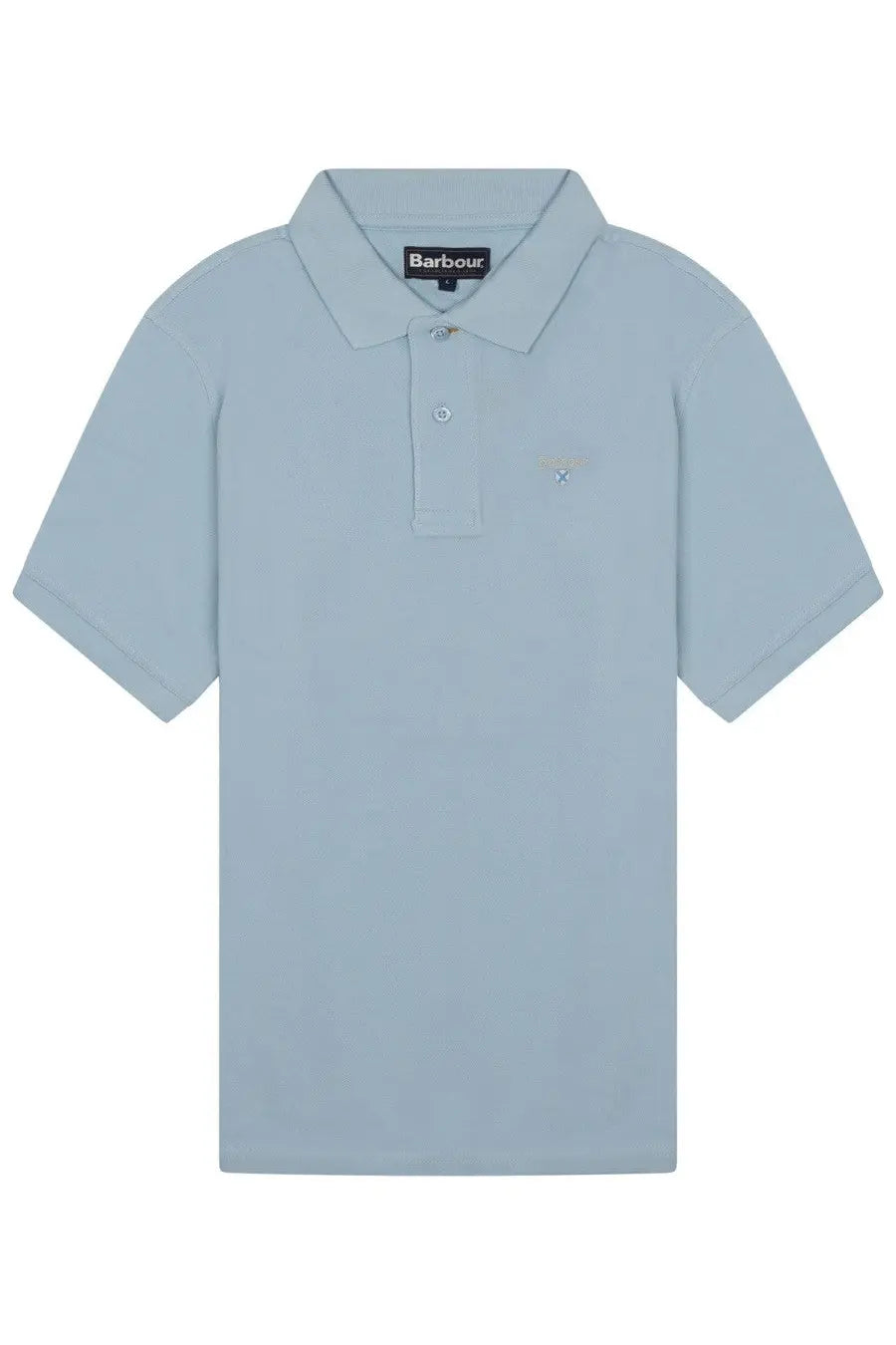 Barbour men’s light blue polo shirt with subtle textured weave and small embroidered logo on the left chest
