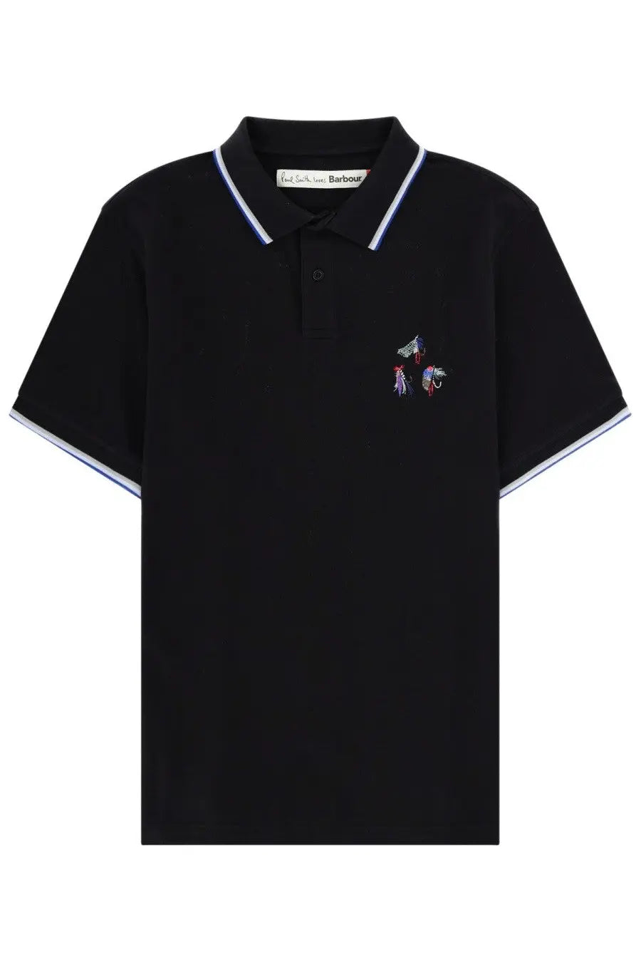 Barbour men’s black short-sleeved polo shirt with white and blue trim and colorful embroidered horses on chest
