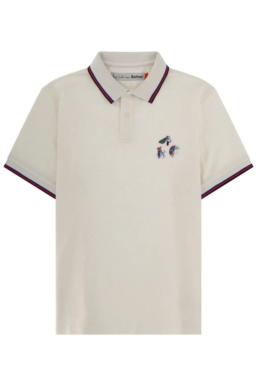 Barbour men’s polo Paul Smith Barbour white cream polo shirt with navy red trim and embroidered birds on left chest
