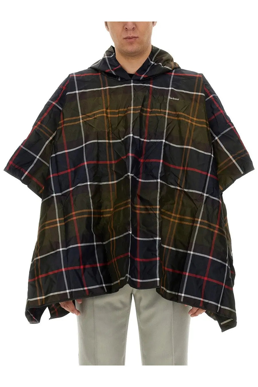 Barbour men’s multicolor plaid hooded poncho in black green red and white with subtle logo on the chest