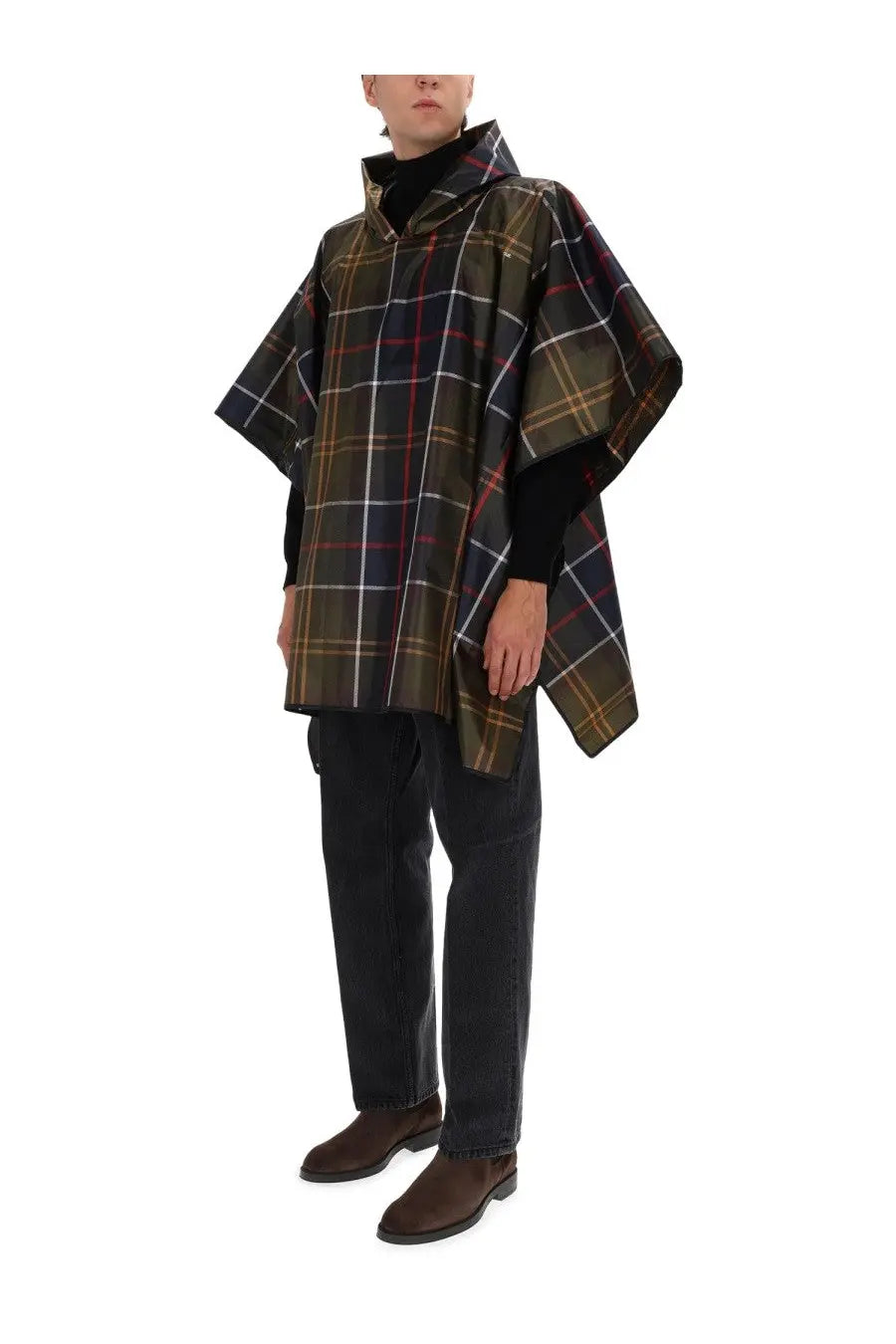 Barbour men’s poncho multicolor featuring a dark green black and red plaid pattern with a hood