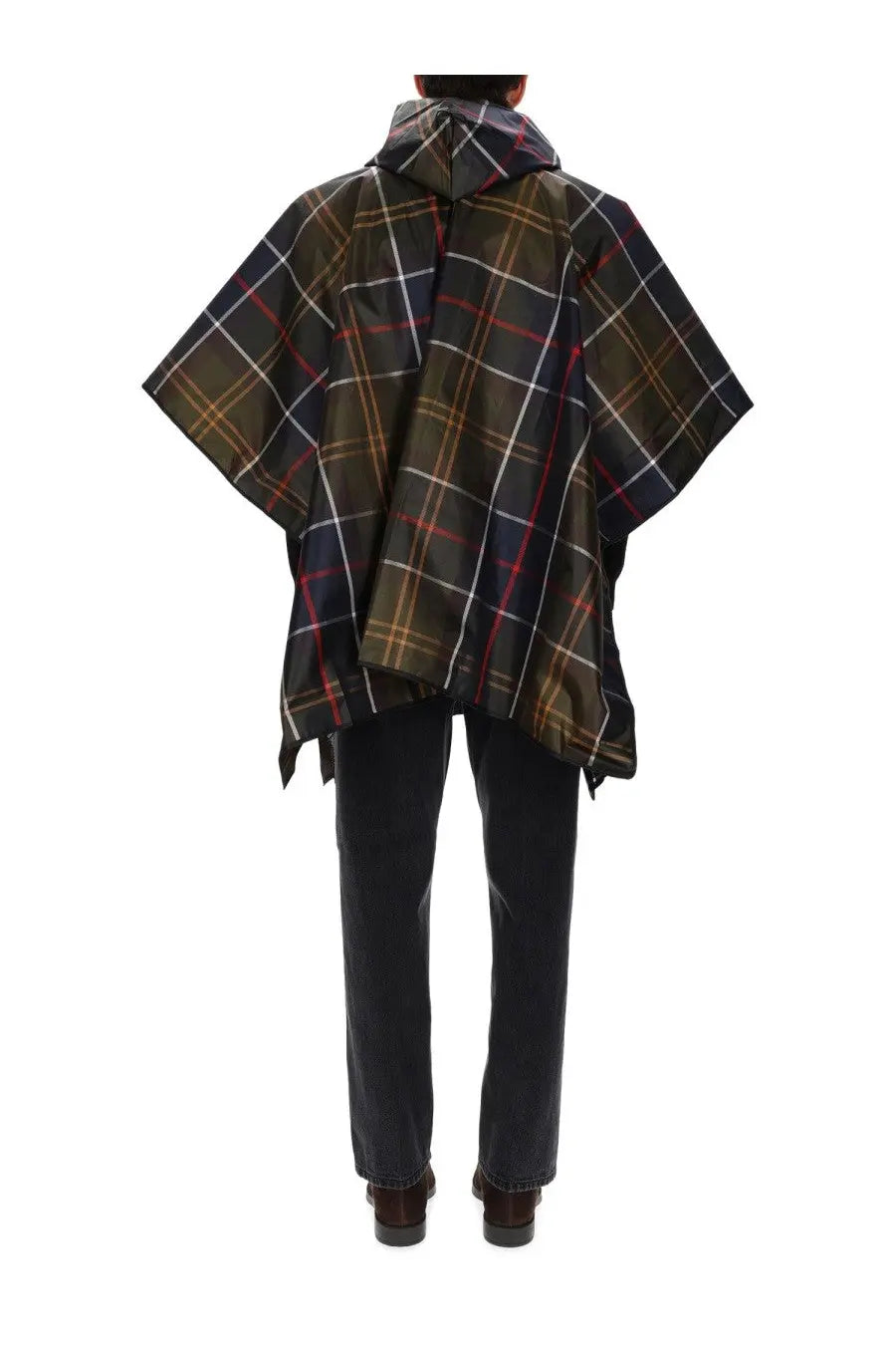 Barbour men’s poncho multicolor featuring a dark green black and red plaid hooded design with classic tartan pattern