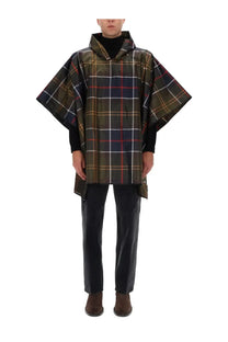 Barbour men’s poncho multicolor in dark green black and red plaid hooded classic tartan pattern wool blend