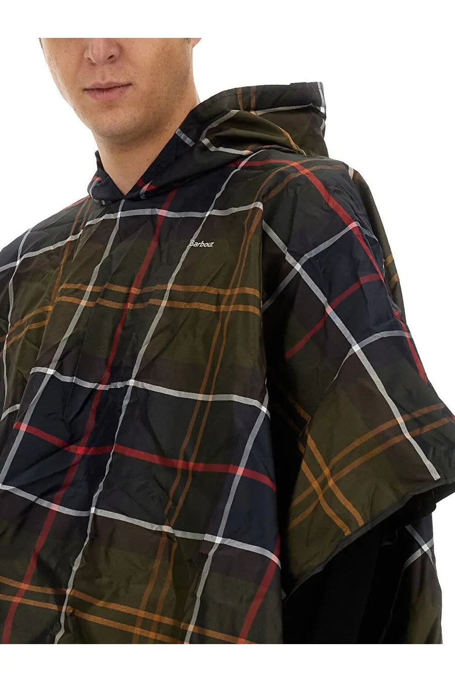Barbour men’s poncho in dark green and black tartan with red white and brown stripes and a hooded design