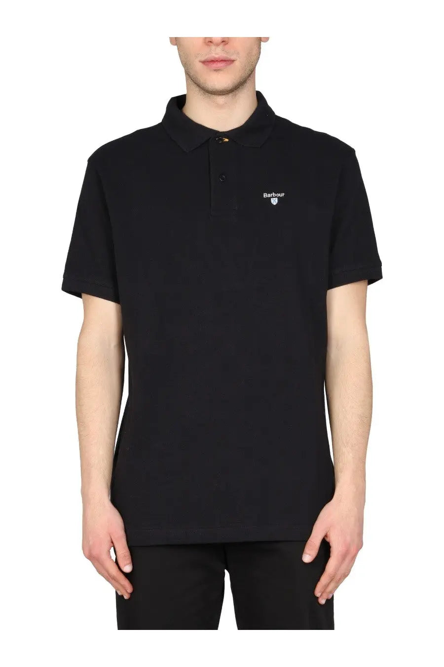 Barbour men’s regular fit black polo shirt with subtle embroidered logo on chest in breathable cotton material